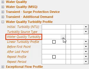 The Properties panel for the selected node, with Water Quality Turbidity highlighted in red and its More (…) button selected.