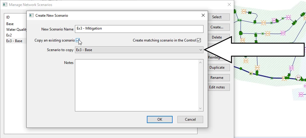 The Create New Scenario dialog box with Copy an existing scenario selected and in the Scenario to copy drop-down, Ex3 - Base selected and called out.