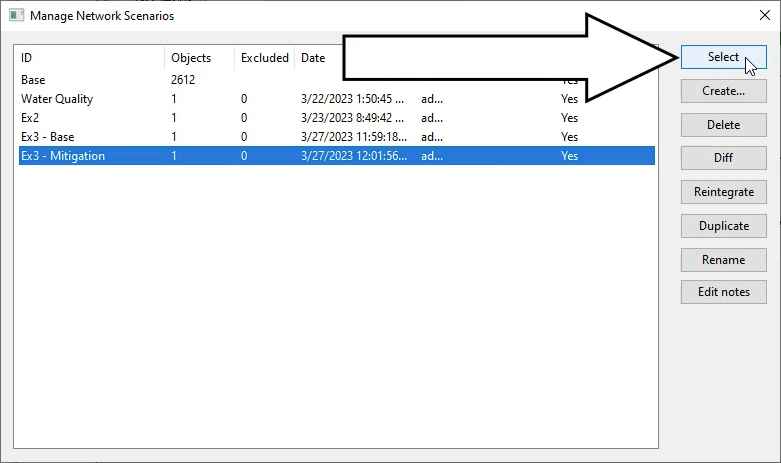 The Create New Scenario dialog box with Ex - 3 Mitigation highlighted and the Select button called out and selected.