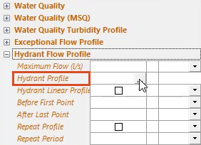 The Properties panel for the selected hydrant, with Hydrant Profile highlighted in red and its More (…) button selected.