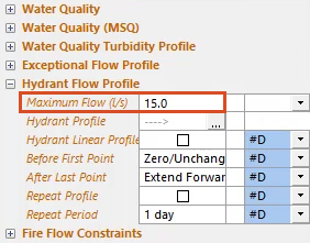 The Properties panel for the selected hydrant, Maximum Flow field, a value of 15 entered.