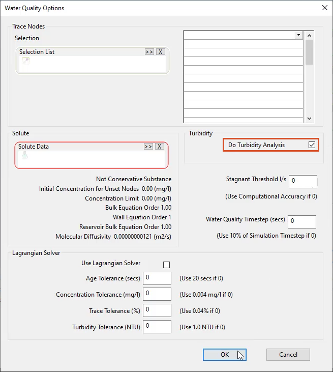 The Water Quality Options dialog box, with Do Turbidity Analysis enabled and highlighted in red, and OK selected.