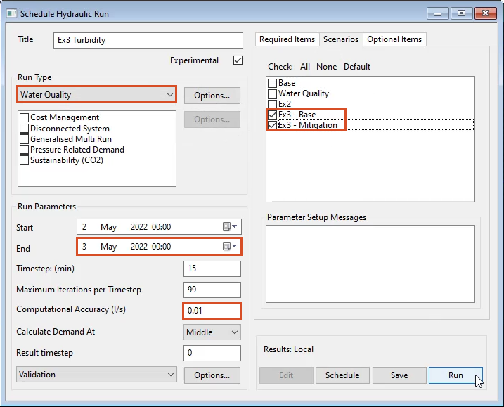 The Schedule Hydraulic Run dialog box, Scenarios tab, with options configured and highlighted in red for the Ex – 3 Turbidity scenario and Run selected.