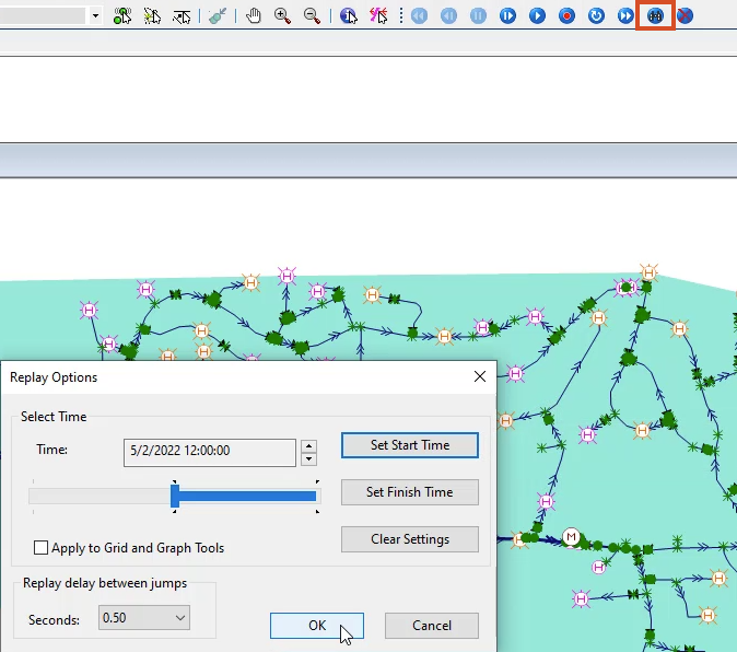 In the Replay toolbar, Jump to/replay options highlighted in red, and in the Replay Options dialog box, the slider bar moved to select a new Time, Set Start Time highlighted and OK selected.