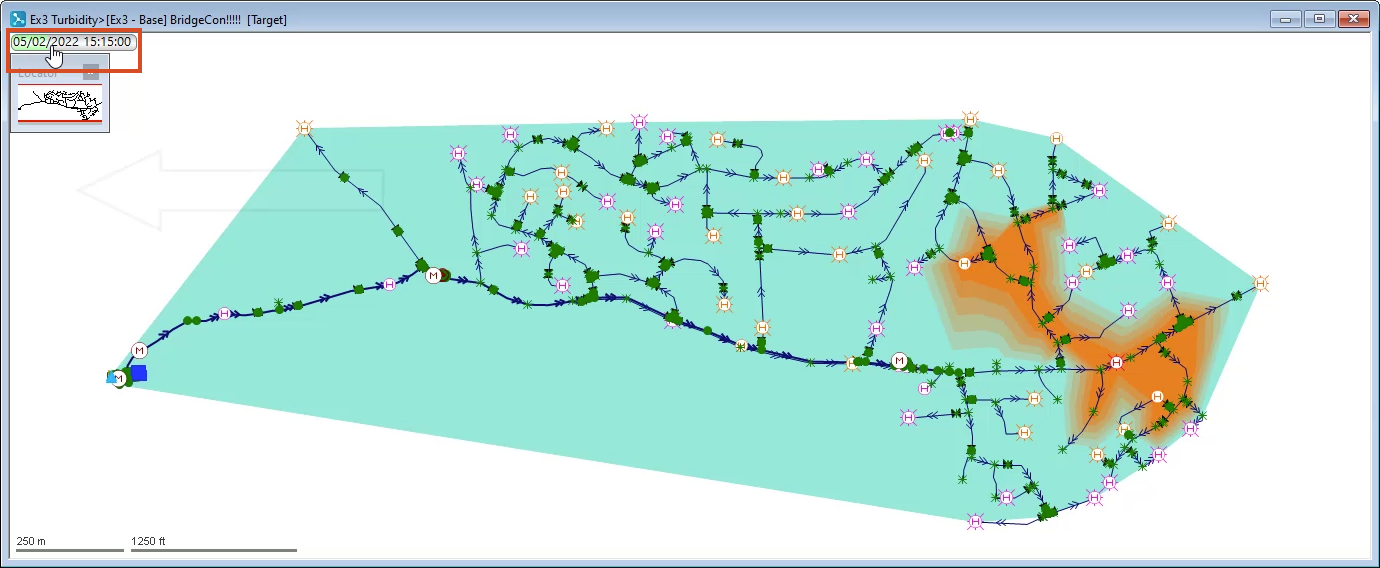 The GeoPlan displaying Ex-3- Base results with turbidity represented in orange.