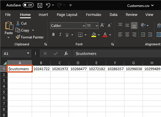 A Microsoft Excel spreadsheet with the Customers.csv file open and the first value highlighted in red.