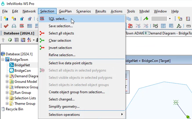 The InfoWorks WS Pro interface with the Selection menu displayed and SQL Select selected; and in the workspace, the BridgeNet GeoPlan open.