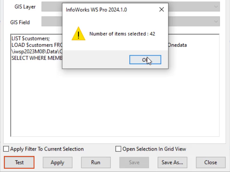 The SQL dialog box with Test highlighted in red and the notification with OK selected.