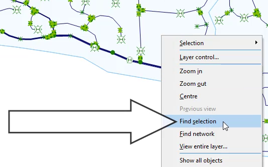 The GeoPlan shortcut menu with Find selection selected and called out.