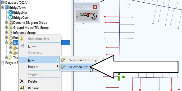 In the Model Group window, the Selection Lists shortcut menu with New selected, and in the flyout, Selection List selected and called out.