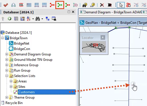 In the Operations toolbar, Clear selection highlighted in red, and below, the mouse pointer dragging the Customers selection list from the Model Group window into the GeoPlan.