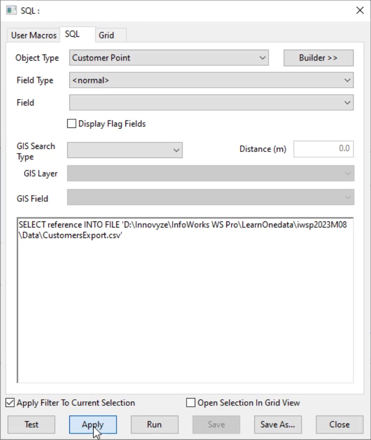 The SQL dialog box with the export SQL query entered and Apply selected.