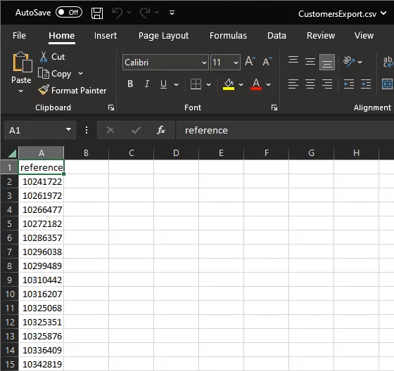 A Microsoft Excel spreadsheet with a list of exported customer IDs.