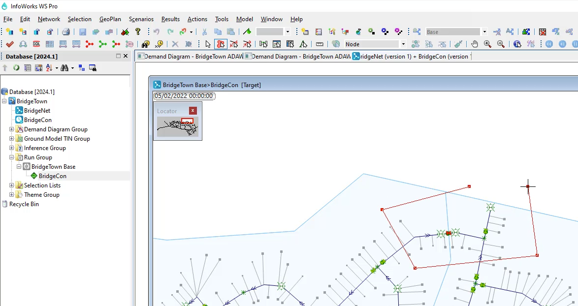 The InfoWorks WS Pro interface with the BridgeCon run open and zoomed in, and a red polygon drawn around a selection of nodes.