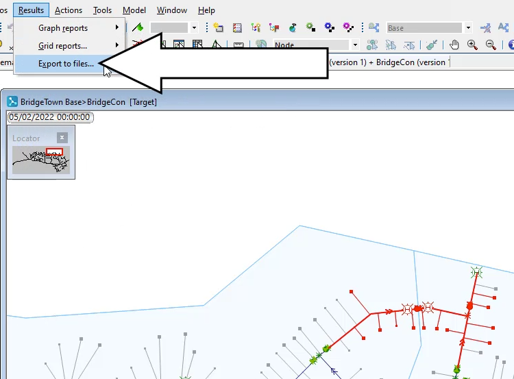 In the Results menu, Export to files selected and called out, and in the GeoPlan, the selected nodes highlighted in red.