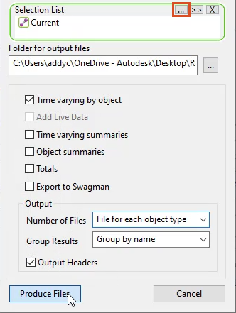 In the Export Results Data Files dialog box, the Selection List group box with the Current (…) button highlighted in red, and other options configured.