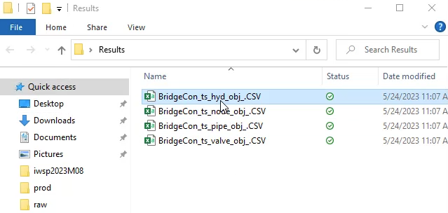 The file browser, Results folder, with separate CSV files for each object type and the hydrants file selected.