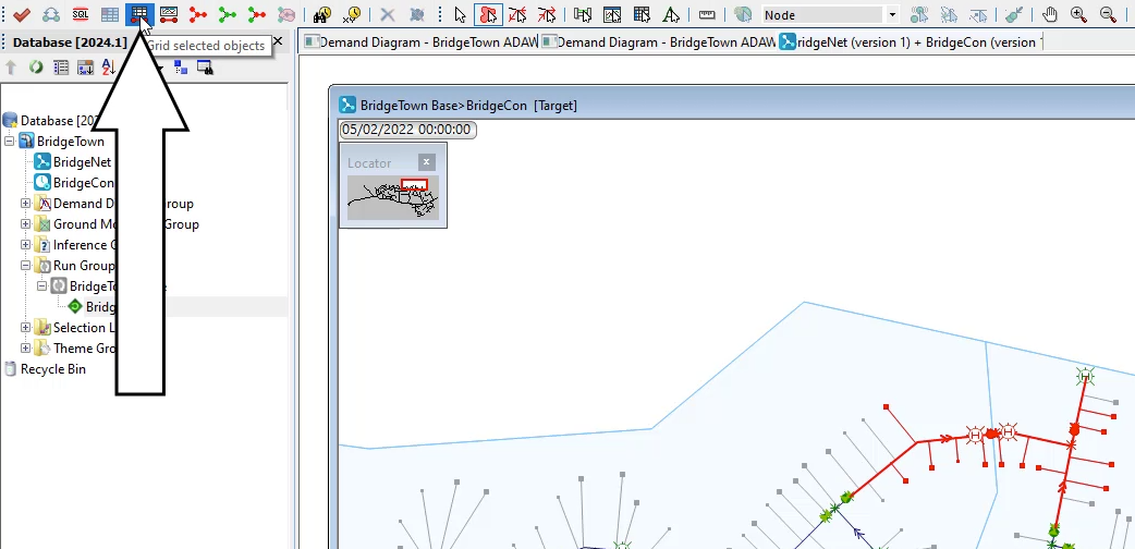 In the Operations toolbar, Grid selected objects selected and called out, and in the GeoPlan, selected nodes highlighted in red.