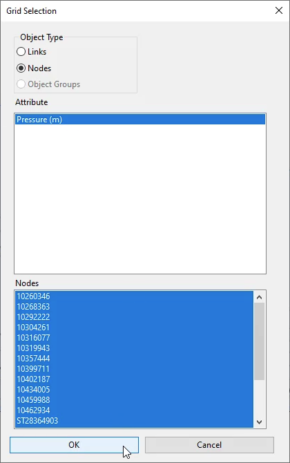 The Grid Selection dialog box with Nodes enabled, Pressure (m) selected in the Attributes list, and OK selected.