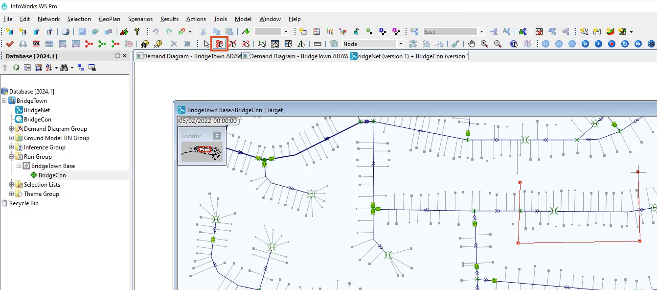 The InfoWorks WS Pro interface, Tools toolbar, with the Polygon select tool highlighted in red, and a zoomed in view of the BridgeCon GeoPlan, with a polygon being drawn in red around several customer points.