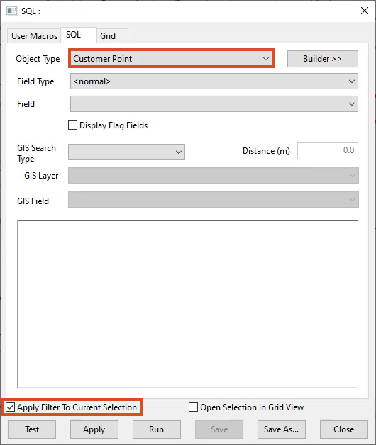 In the SQL dialog box, Customer Point selected in the Object Type drop-down and Apply Filter to Current Selection enabled.