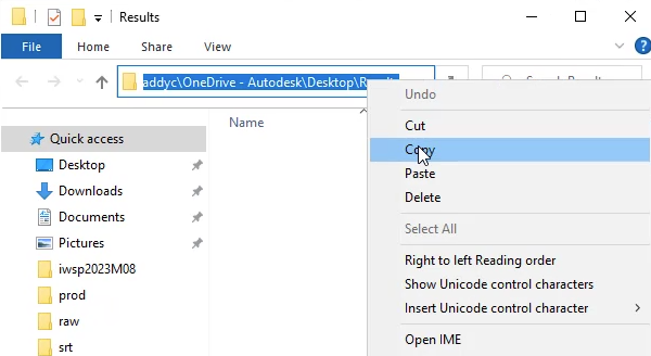 In a file explorer window, the path of the Results folder highlighted in the Address bar, and in its shortcut menu, Copy selected.