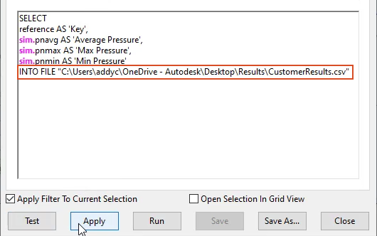 In the SQL dialog box, the completed query, with the new line highlighted in red, and Apply selected.