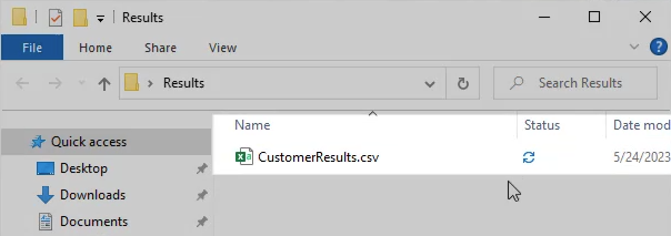 The file explorer window, Results folder, with the exported CSV file highlighted.