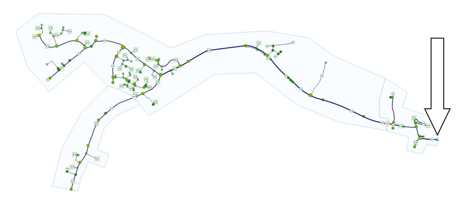 The GeoPlan of a water network, with the single pressure source, a pumping station, called out.