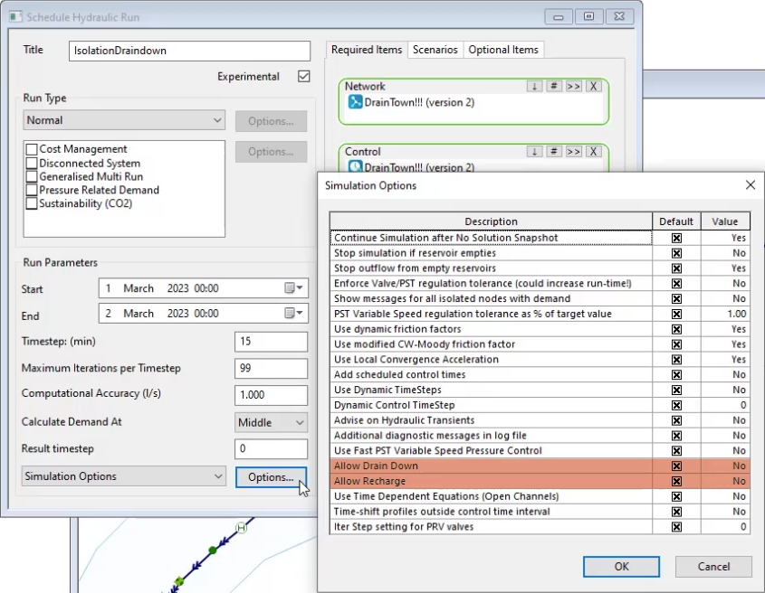 The Schedule Hydraulic Run dialog box with Options selected, and the Simulation Options dialog box with Allow Drain Down and Allow Recharge selected.