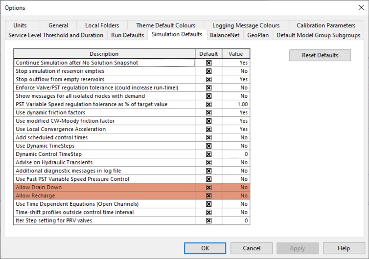 The Options dialog box, Simulation Defaults tab, with Allow Drain Down and Allow Recharge selected.