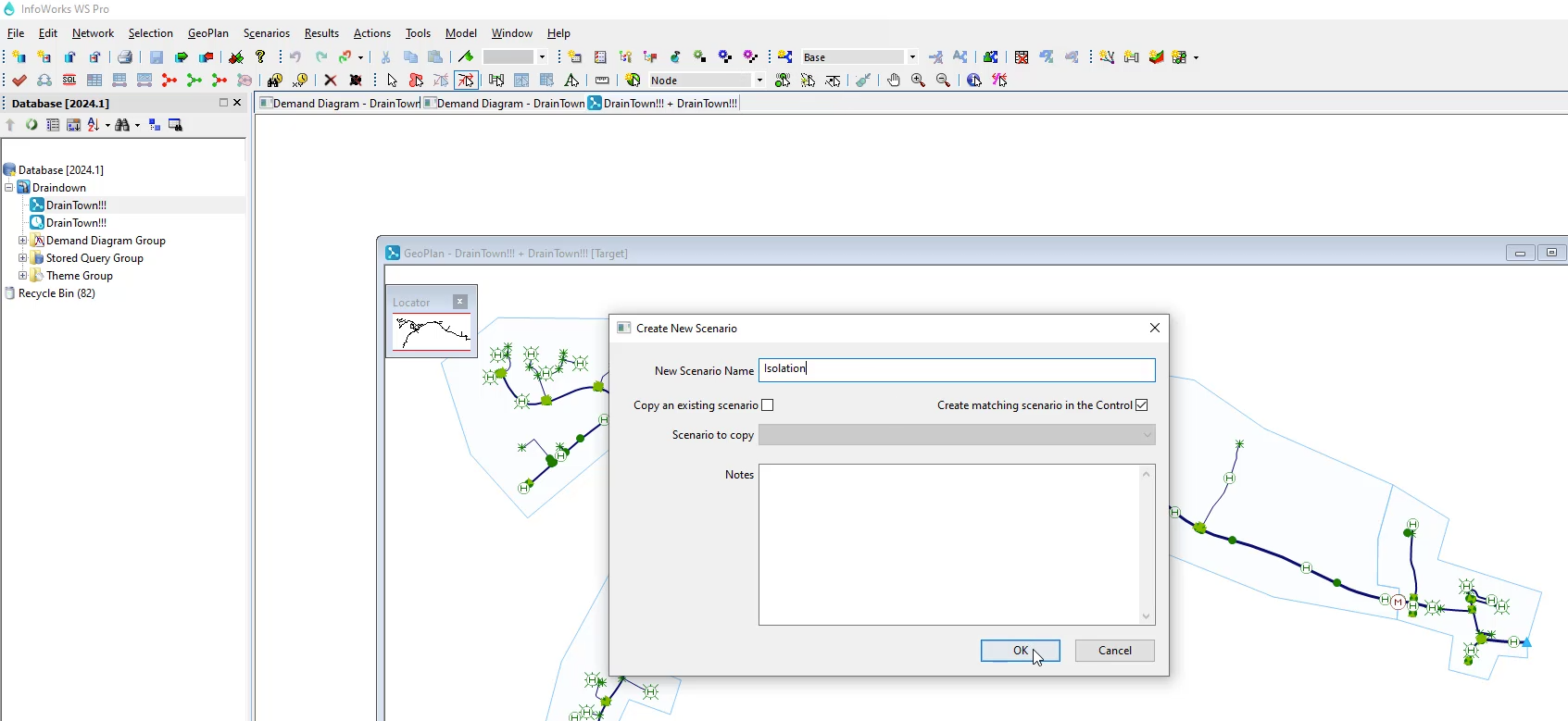 In the InfoWorks WS Pro interface, the Create New Scenario dialog box with the name entered and OK selected, and behind it, the DrainTown GeoPlan open.