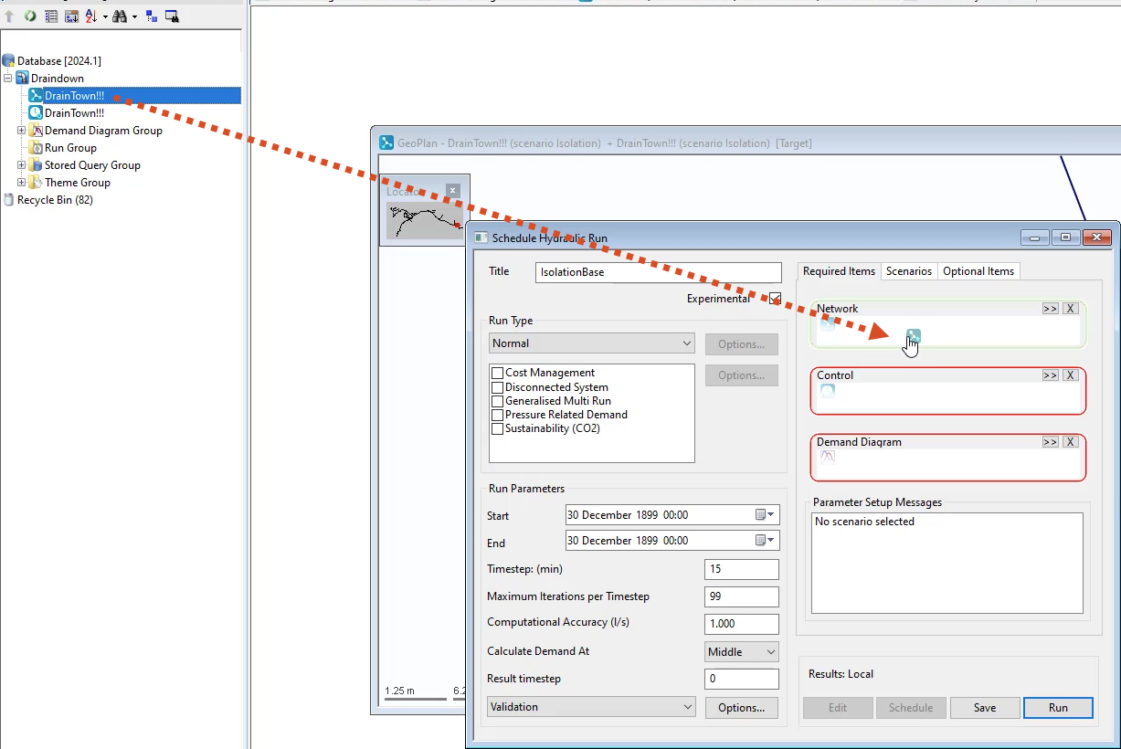 The path of the DrainTown network from the Model Group window to the Schedule Hydraulic Run dialog box, Network pane, indicated with a dotted red arrow.