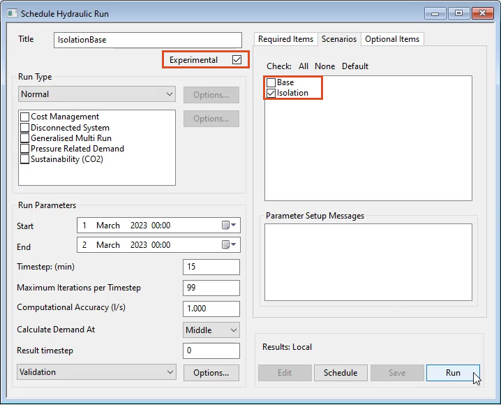 The Schedule Hydraulic Run dialog box with options configured for the IsolationBase run and Run selected.