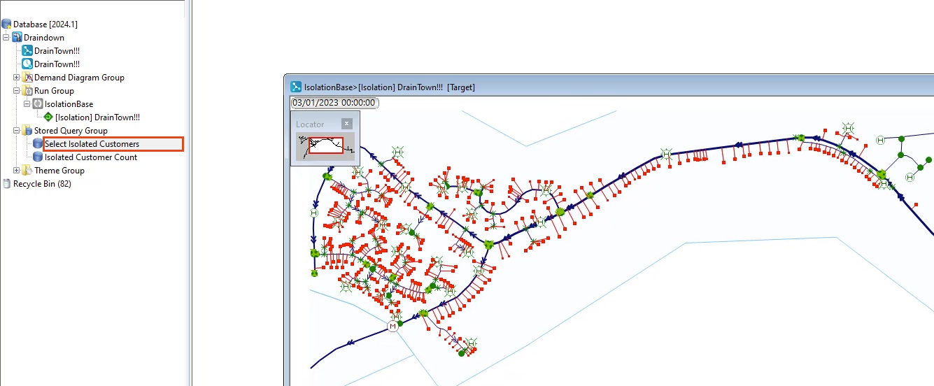 In the Model Group window, the Select Isolated Customers query highlighted in red, and in the GeoPlan, the query results highlighted in red.