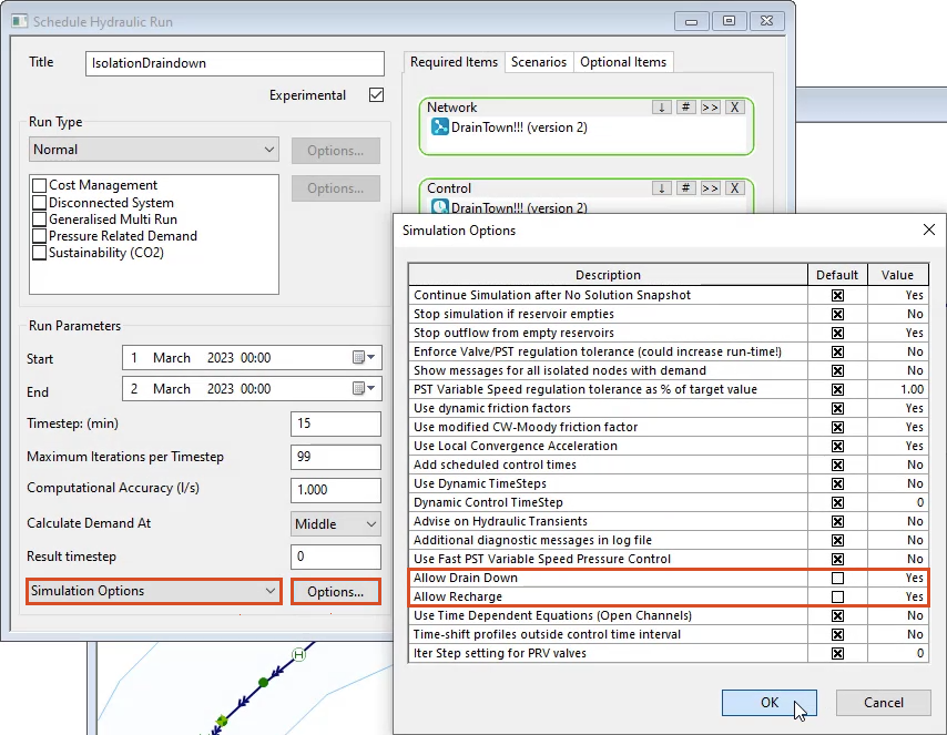 In the Schedule Hydraulic Run dialog box, Simulation Options and the Options button highlighted in red; and in the Simulation Options dialog box, Allow Drain Down and Allow Recharge deselected and highlighted in red.