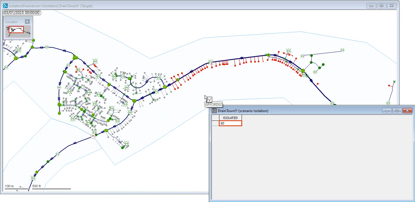 In the IsolationDraindown GeoPlan, results of the Select Isolated Customers highlighted in red, and in a grid window, results of the Isolated Customer Count query highlighted in red.