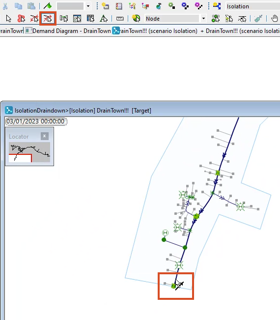 In the Tools toolbar, the Trace and select links upstream button highlighted in red, and in the GeoPlan, the southwestern-most point highlighted in red.