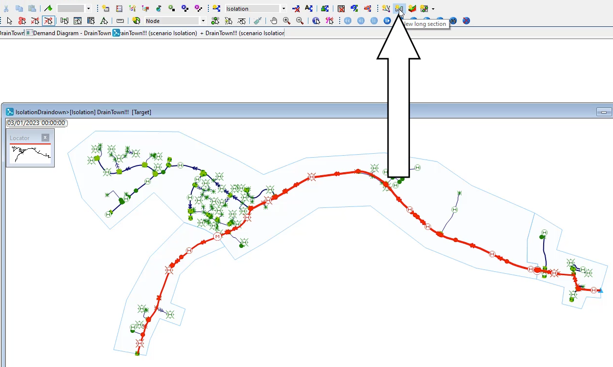 In the Windows toolbar, New long section selected and called out, and in the GeoPlan, the traced portion of the network highlighted in red.