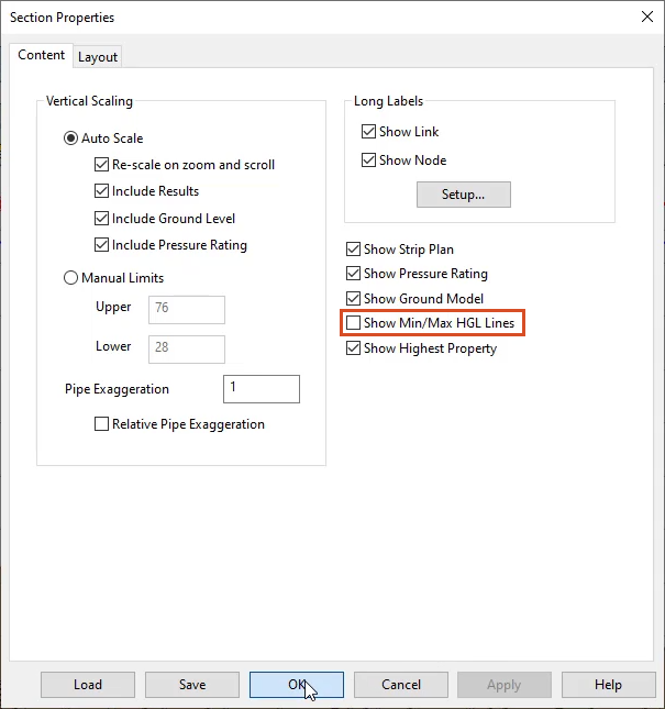 The Section Properties dialog box With Show Min/Max HGL Lines deselected and highlighted in red, and OK selected.