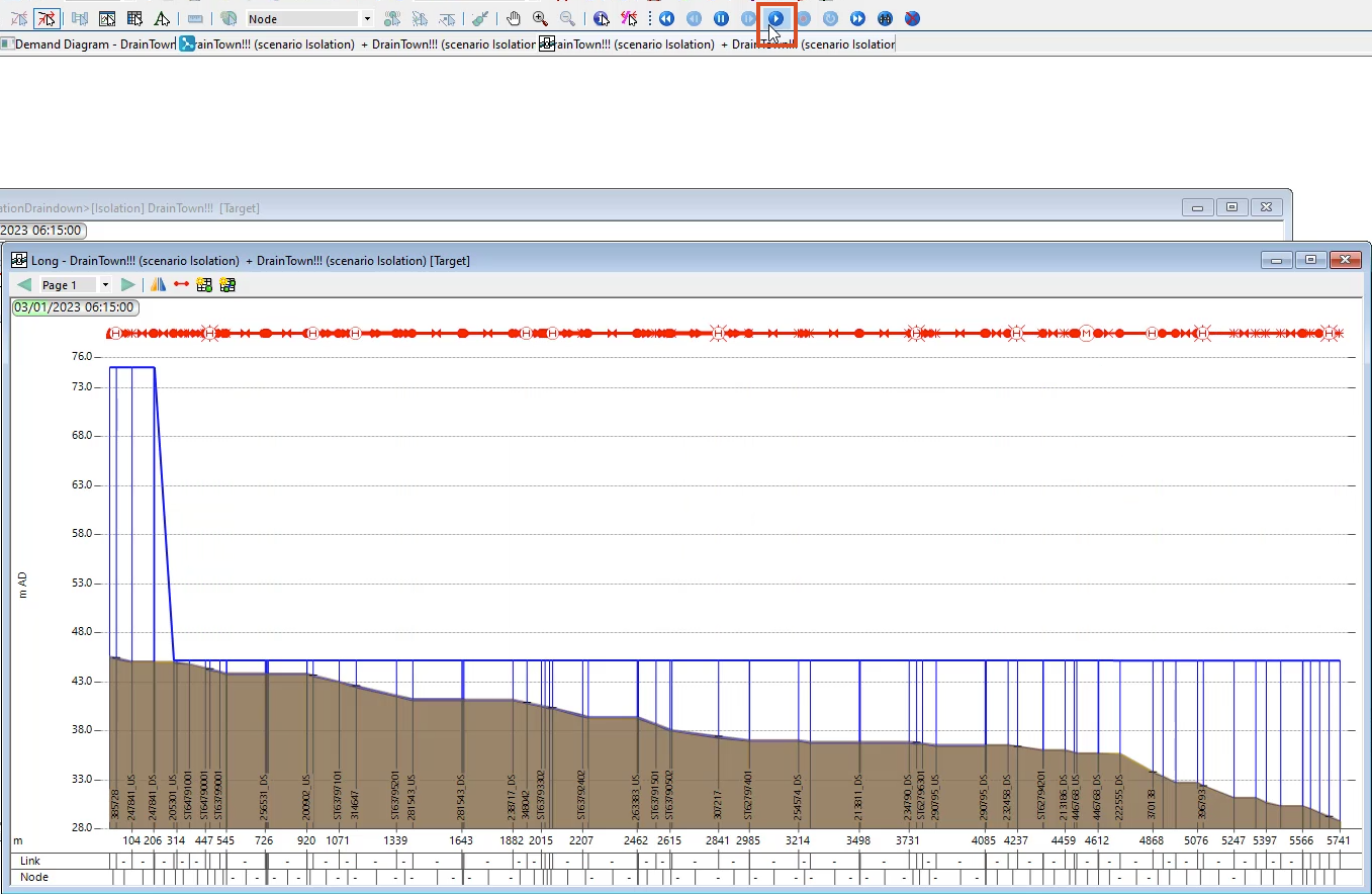 In the Replay toolbar, the Play button highlighted in red, and in the long section window, the simulation showing a pressure change after the valve is closed.