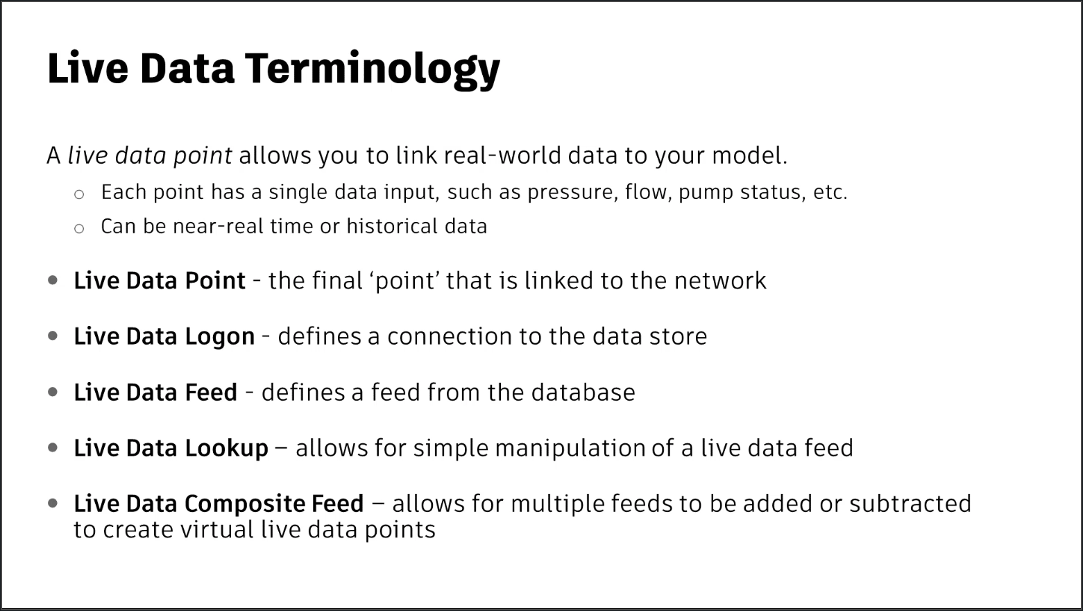 A presentation slide with the definition of live data point, as well as 5 terms commonly associated with live data.