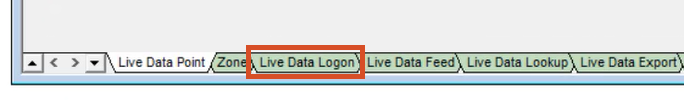 Live Data Configuration grid with tabbed options. Live Data Logon tab highlighted.