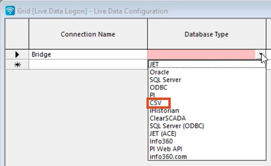 Live Data Configuration window on the Live Data Logon tab. Database Type drop-down displaying available type, with CSV selected.