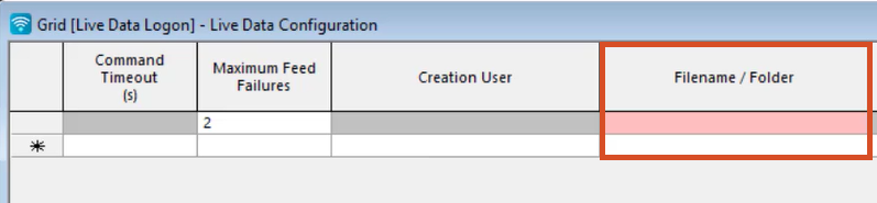 Live Data Configuration window on the Live Data Logon tab. Filename / Folder column displays a red cell.