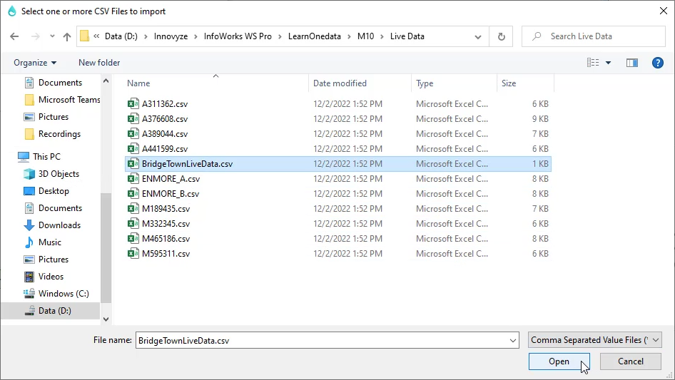In the file browser, the Live Data folder, with BridgeTownLiveData.csv