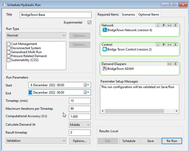 The Schedule Hydraulic Run dialog box configured, with the network, control, and demand diagram activated, the Start and End dates entered, and a Parameter Setup Message written.