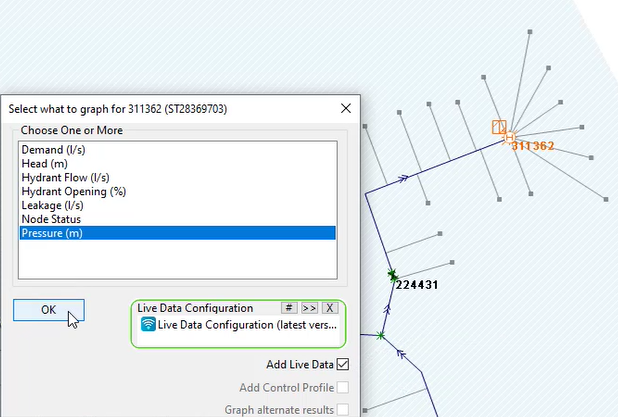 Hydrant 311362 selected in the network, with the Select what to graph for dialog box configured for this exercise.