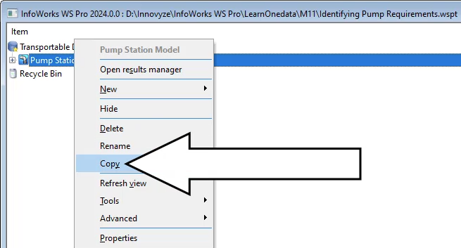 In the transportable database window, the Pump Station Model shortcut menu with Copy selected.