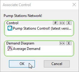 The Associate Control dialog box with Pump Station Control and Average Demand in their respective group boxes, and OK selected.